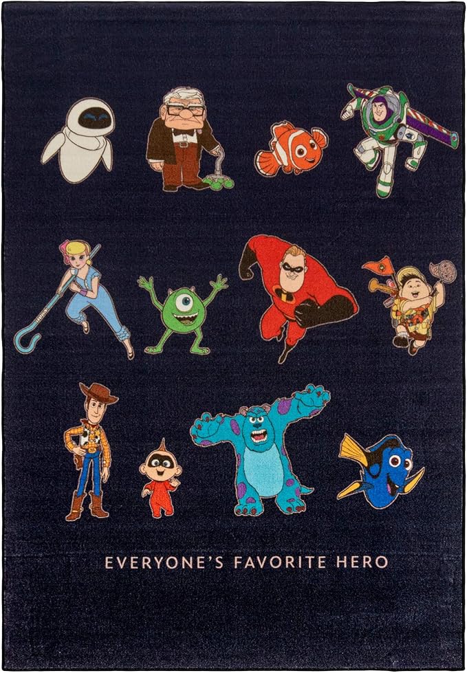 Gertmenian Disney Pixar Indoor Area Rug - 4x6 Large, Non-Slip, Ideal for Children in Bedroom, Game Room, Classroom, Nursery or Play Area - Pixar Heroes, Black, 47263