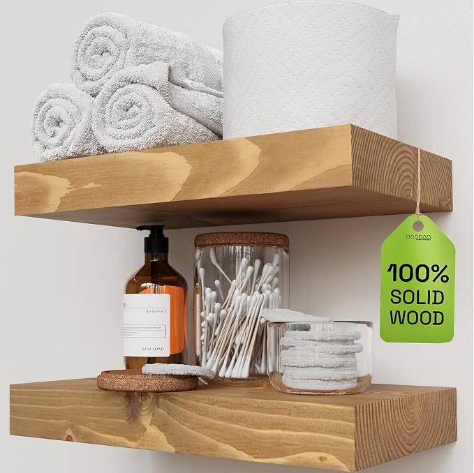 Natural Wood Floating Shelves for Wall 12 Inch Oak, Small Wooden Shelf | Solid Wood, Bathroom Shelves for Room Wall Mounted, Kitchen Bedroom Living Room, Rustic, Oak Finish, 12W × 6.7D, Set of 2