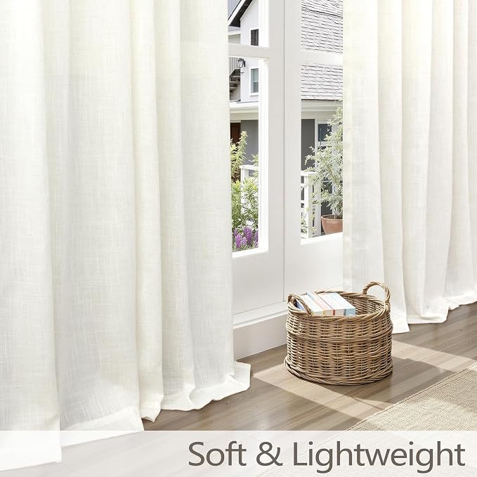 90 Inch Pinch Pleated Linen Curtains 2 Panel Set for Living Room Farmhouse Cream Thick Linen Textured Drapes 90 Inches Long Pinch Pleat Drapes Ivory Semi Sheer Curtain for Dining Bedroom Office 7.5 FT
