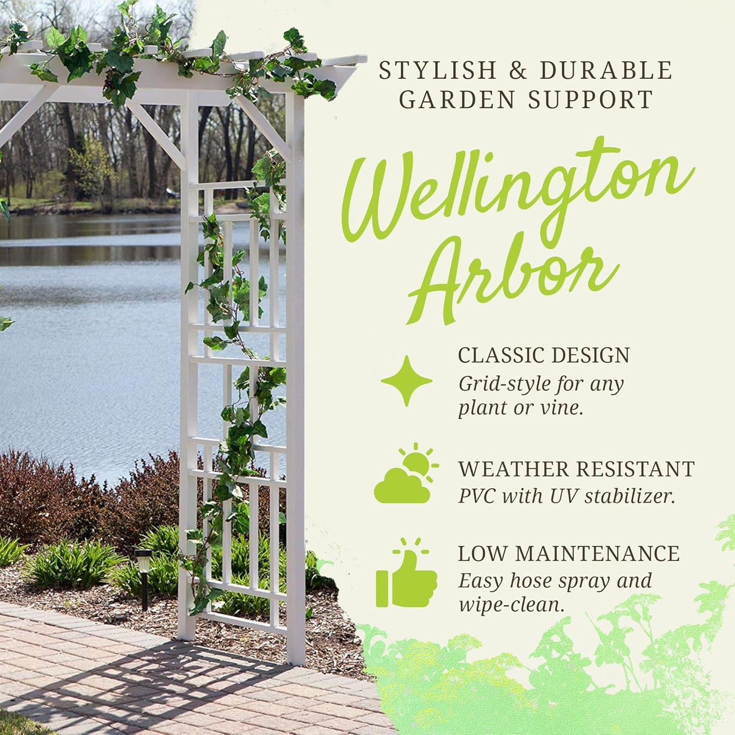 Dura-Trel Wellington Arbor, Vinyl Garden Archway for Outdoors, White, 72" x 85" - Backyard Decorative Arch for Pathways & Entrances w/ Trellis Sides for Climbing Plants, Vines & Flowers