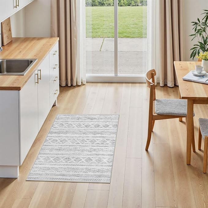 Tortania Area Rug Living Room Rugs - 2x3 Washable Soft Neutral Boho Moroccan Farmhouse Mat Indoor Floor Carpet for Bedroom Under Dining Table Home Office Decor - Ivory Gray