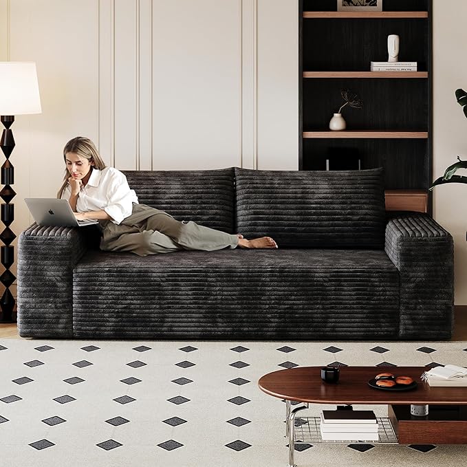 JINGLING 63" Small Couches for Small Spaces | Boneless Couch in a Box: Compressed Sofa | Apartment Furniture Love Seat for Living Room & Bedroom | No Assembly | Corduroy | Black