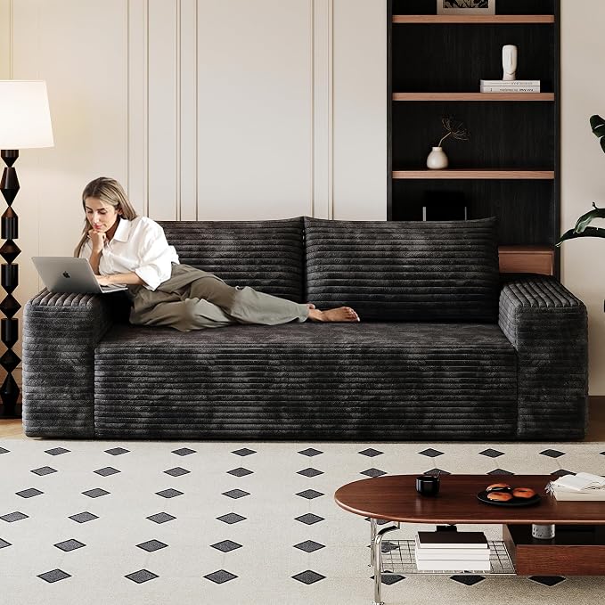 JINGLING 71" Small Couches for Small Spaces, Memory Foam loveseat Corduroy Couch in a Box, Compressed Boneless Sofa for Living Room Bedroom, Apartment Furniture, No Assembly Required, Black