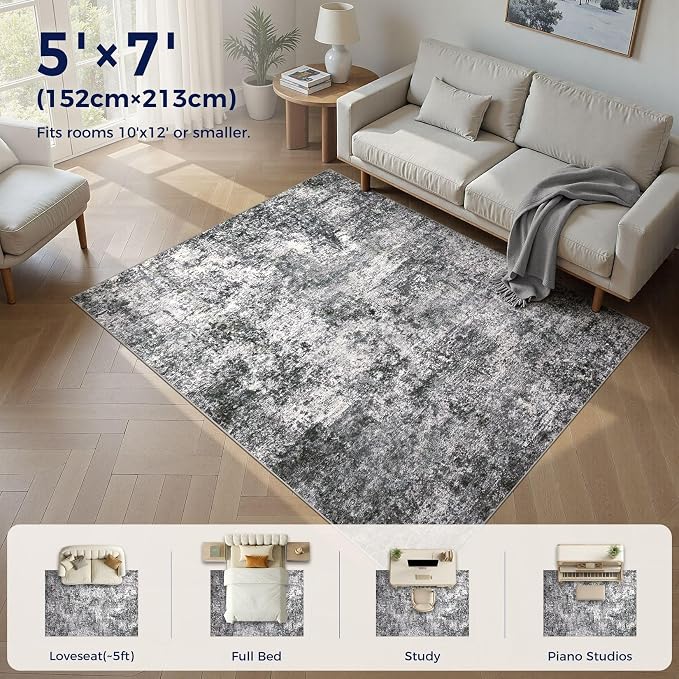 DMOYEST Area Rug Living Room Rugs - 5x7 Large Soft Indoor Neutral Modern Abstract Low Pile Washable Rug Carpet for Bedroom Dining Room Farmhouse Home Office - Grey