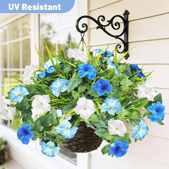 Artificial Flowers Plants for Outdoors, 6PCS UV Resistant Faux Flowers Outdoor Plants, Fake Petunias Silk Flowers for Garden Balcony Yard Porch Decor (White Blue)