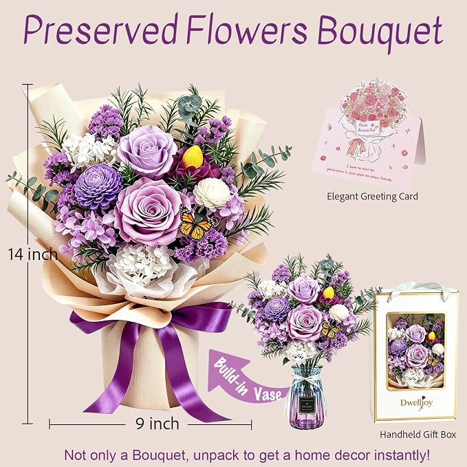 Preserved Flowers Bouquet, Purple Roses Forever Flowers for Delivery | Floral Arrangements in Vase, Birthday Flowers Gifts for Women Wife Mother's Day, Real Fresh Rose Dried