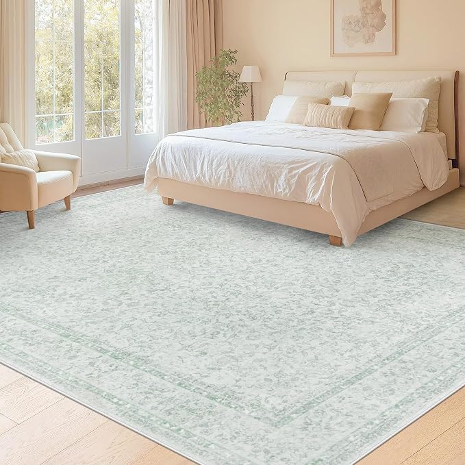 9x12 Area Rugs for Living Room: Washable Large Vintage Floral Rug Low Pile Non-Slip Boho Carpet for Bedroom Home Office Dining Room (Green, 9'x12')