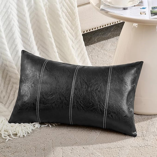 Fancy Homi Black Lumbar Faux Leather Decorative Throw Pillow Covers 12x20 Inch for Living Room Couch Bed Sofa, Boho Farmhouse Home Decor, Hand Stitched Rectangle Cushion Case 30x50 cm