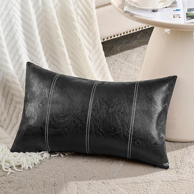 Fancy Homi Black Long Lumbar Faux Leather Decorative Throw Pillow Covers 12x24 Inch for Living Room Couch Bed Sofa, Boho Farmhouse Home Decor, Hand Stitched Rectangle Cushion Case 30x60 cm