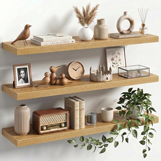 36" Floating Shelves for Wall, Set of 3, 8" Deep, 1.5" Thick, Oak Finish | Rustic Wood Wall Shelves with Invisible Brackets, Storage and Display for Bathroom, Bedroom, Living Room or Kitchen