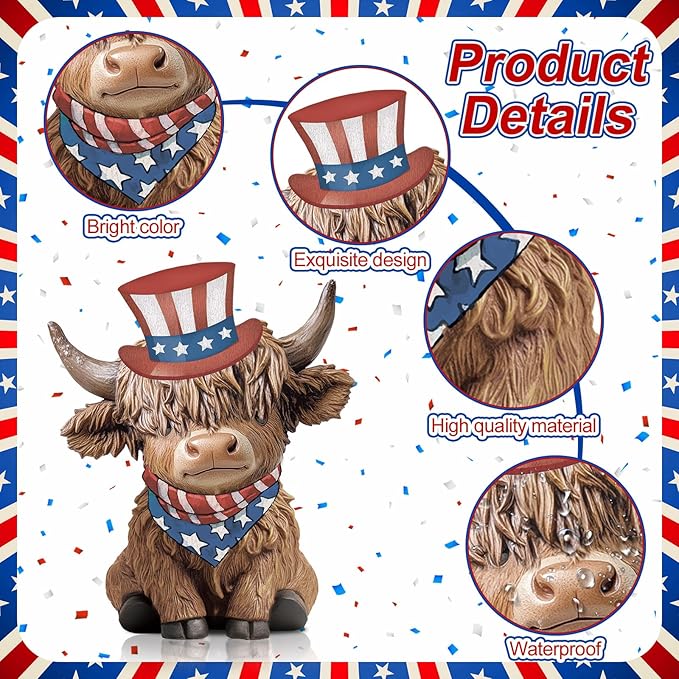 Karenhi 2 Pcs Patriotic Highland Cow Decor American Flag Figurines for 4th of July Memorial Day, Red White Blue Resin Cow Statues for 250th Anniversary Home Table Garden Decor