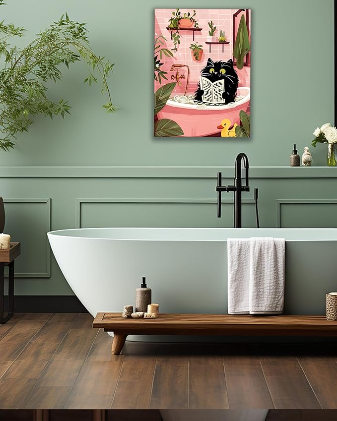 UPWOIGH Cute Black Cat Bathtub Bathroom Wall Art, Cat Reading Newspaper Poster, Pink Bathroom Decor with Plants, Wood Framed Canvas 12x16 Inch
