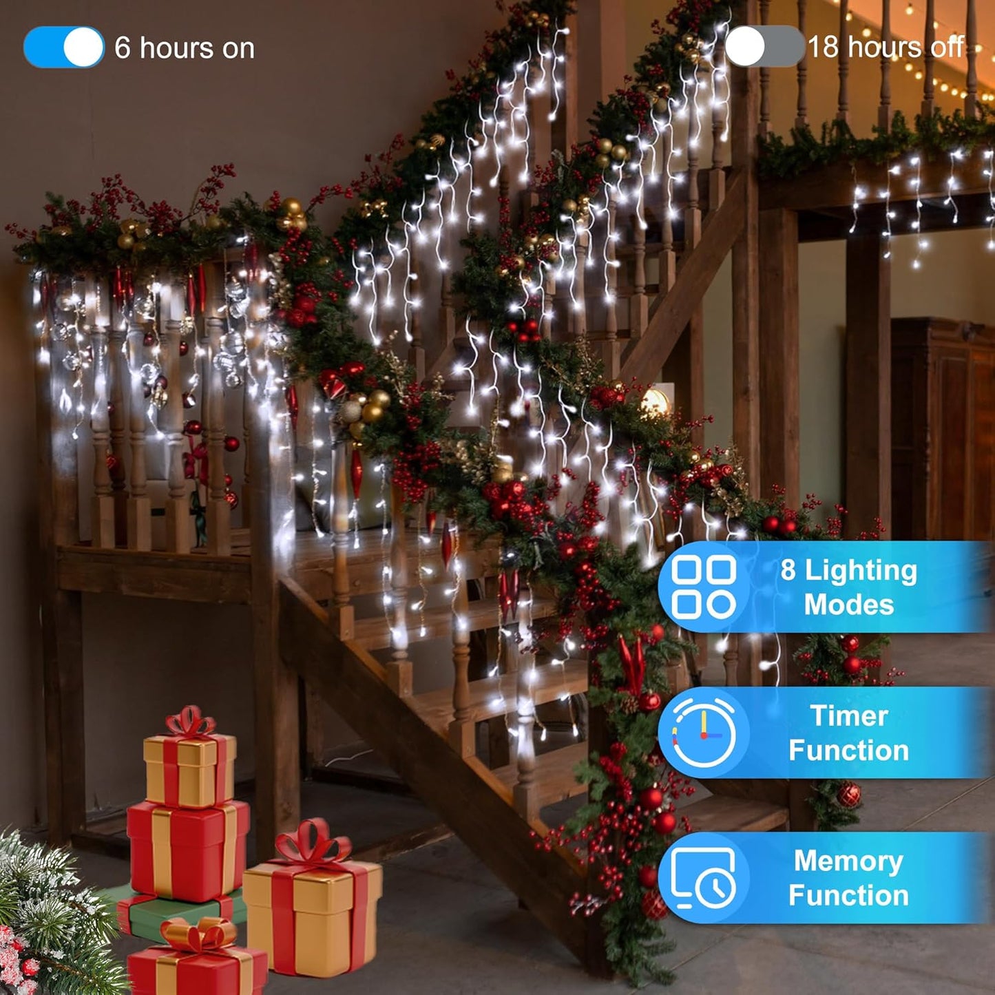 504LED 50ft Christmas Lights, 112Drops 12 Modes Cool White Christmas String Lights Outdoor Dimmable, Waterproof Christmas Decoration Fairy Lights with Timer for Indoor Eaves Party Patio Window Fence