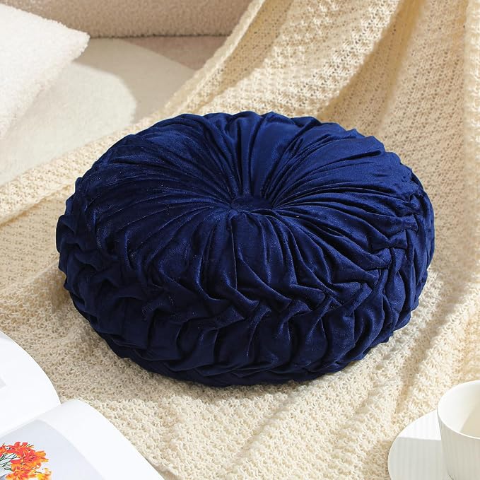 Drydiet 1 Pcs Round Throw Velvet Pillows Decorative Pleated Throw Pillows Diameter Accent Pumpkin Boho Chair Cushion for Couch Sofa Home Decoration (Navy Blue,15'')