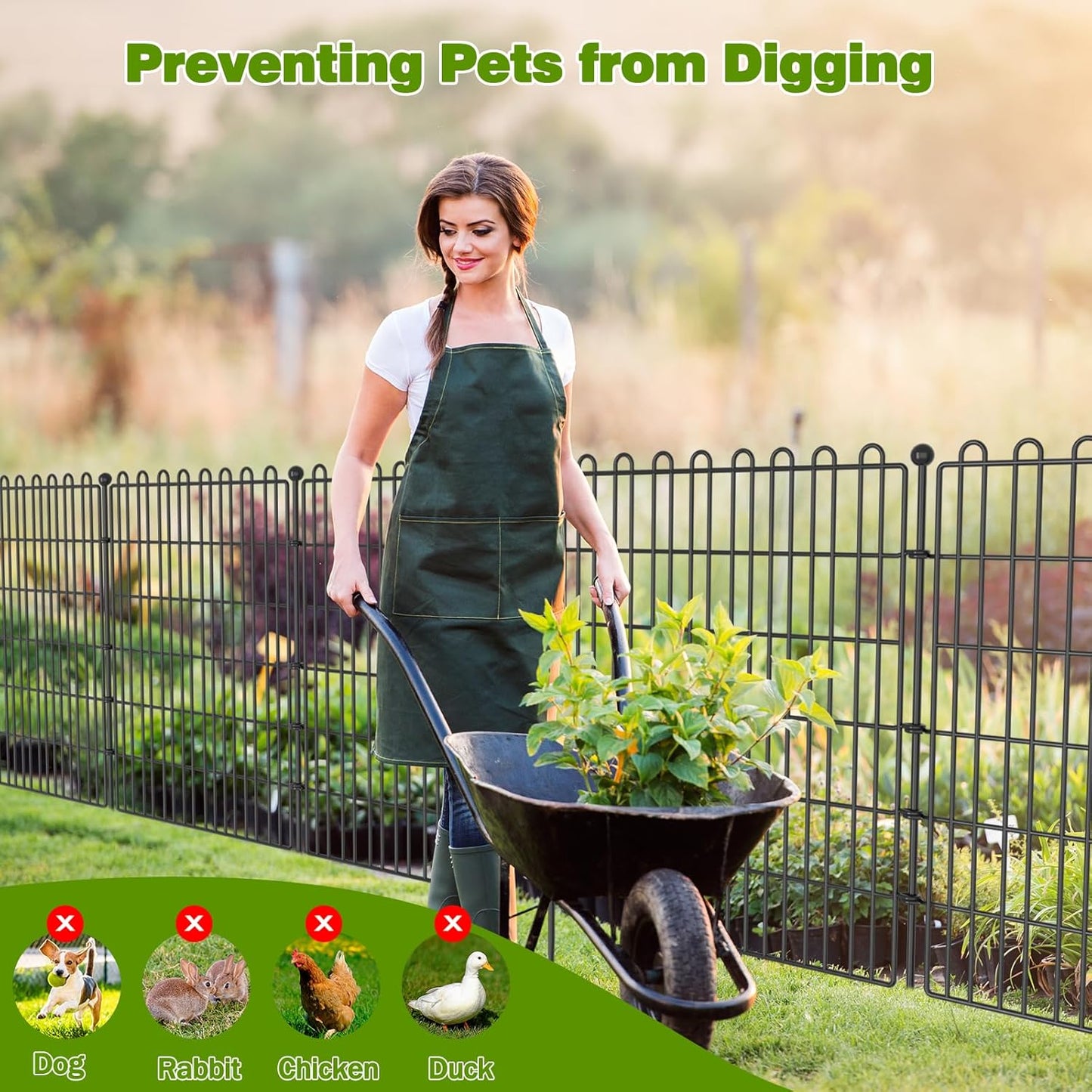 10 Panels No Dig Decorative Garden Fence for Yard, 24 in(H) X 20 ft(L) Animal Barrier Fencing for Outdoor Dog, Metal Portable Garden Fences for Borders, Pets, Landscape, Temporary Fence