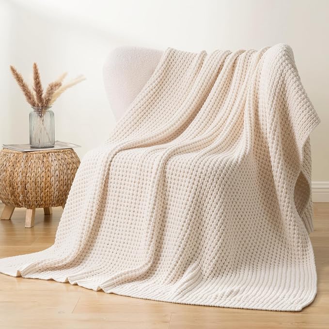 Bunnikins & Clover Cream White Throw Blanket for Couch, Waffle Ivory Throw Blanket for Bed, Warm Decorative White Blanket Throw for Home Decor, 60"x80"