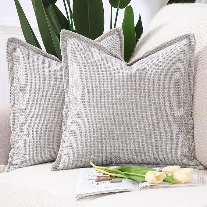 MADIZZ Decorative Chenille Velvet Throw Pillow Covers Set of 2 Soft Boho Textured Neutral Couch Throw Pillow for Bed Modern Farmhouse Home Decor for Sofa Livingroom Oatmeal 24x24 Inch Euro Sham