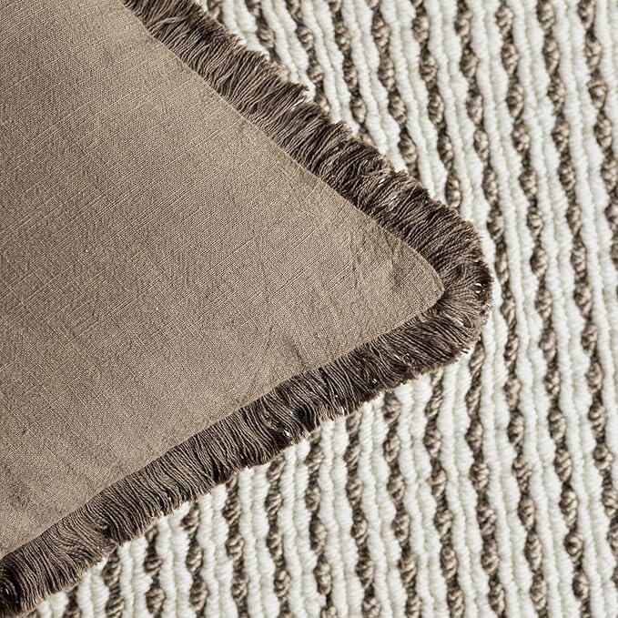 Foindtower Set of 2 Decorative Linen Fringe Throw Pillow Covers Cozy Boho Farmhouse Cushion Cover with Tassels Soft Accent Pillowcase for Couch Sofa Bed Living Room Home Decor, 16×16 Inch, Light Brown
