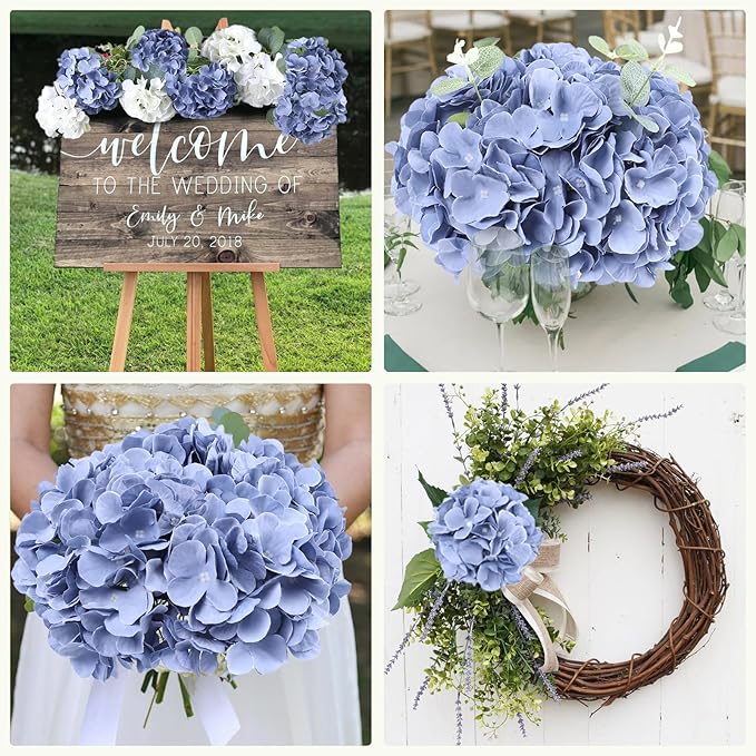 AVIVIHO 65pcs Fake Flowers Dusty Blue Hydrangea Artificial Flowers Bulk (Not Squished, No Steaming Need) Silk Flowers with Stems for Wedding Decor,Home,Baby Shower,Table Centerpieces Decoration