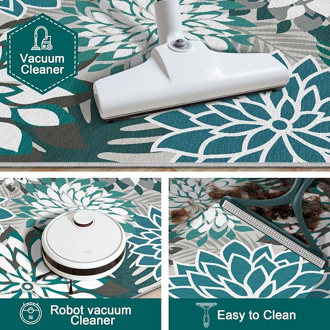 Colorful 5x8 Outdoor Area Rug Washable Multicolored Patio Rug Tropical Botanical Floral Chenille Waterproof Outdoor Carpet for Living Room, Deck, Backyard, Porch, Teal