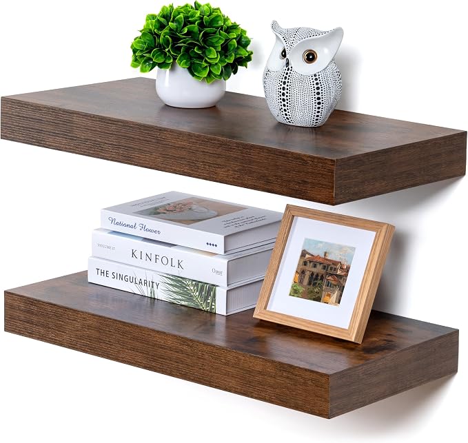 FLYJOE Deep Floating Shelves 24 Inches Long Set of 2 | 12 Inch Deep Shelves for Wall, Rustic Brown Wood Shelves for Bathroom Living Room Laundry Room Kitchen