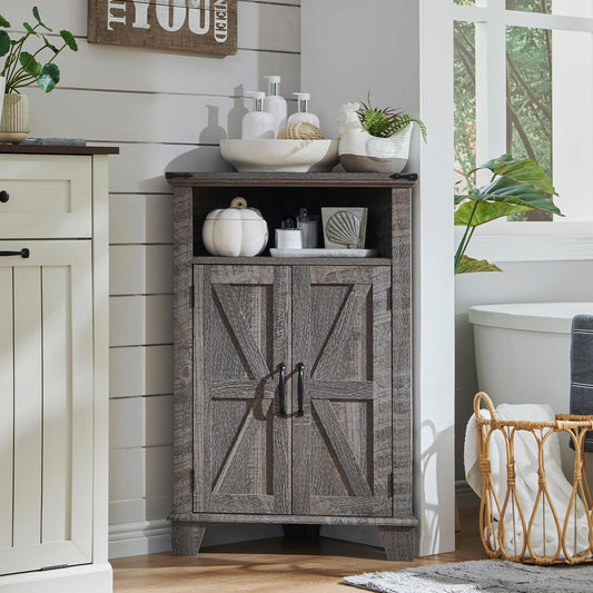 Corner Bathroom Cabinet, Farmhouse Small Corner Cabinet with Barn Door & Adjustable Shelf, Storage Cabinets for Bathroom, Kitchen, Living Room, Grey Wash