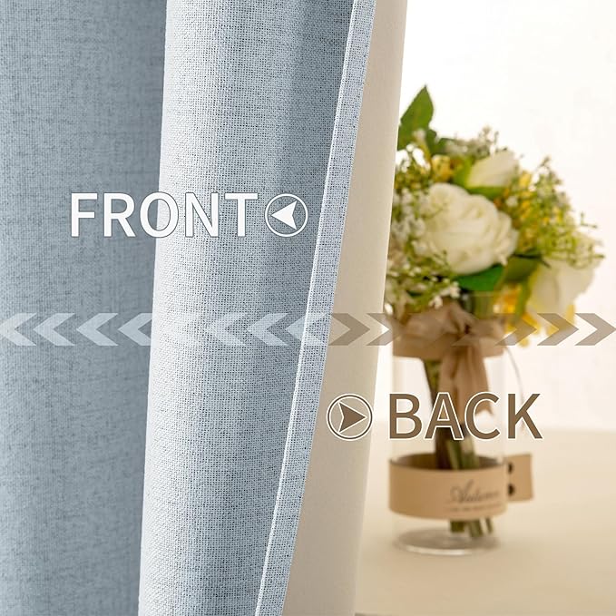 MIULEE 90 Inches Linen Textured Curtains for Bedroom 100% Blackout Thermal Insulated Chambray Blue Grommet Room Darkening Curtains & Drapes Luxury Decor for Living Room Nursery 52 x 90 Inch (2 Panels)