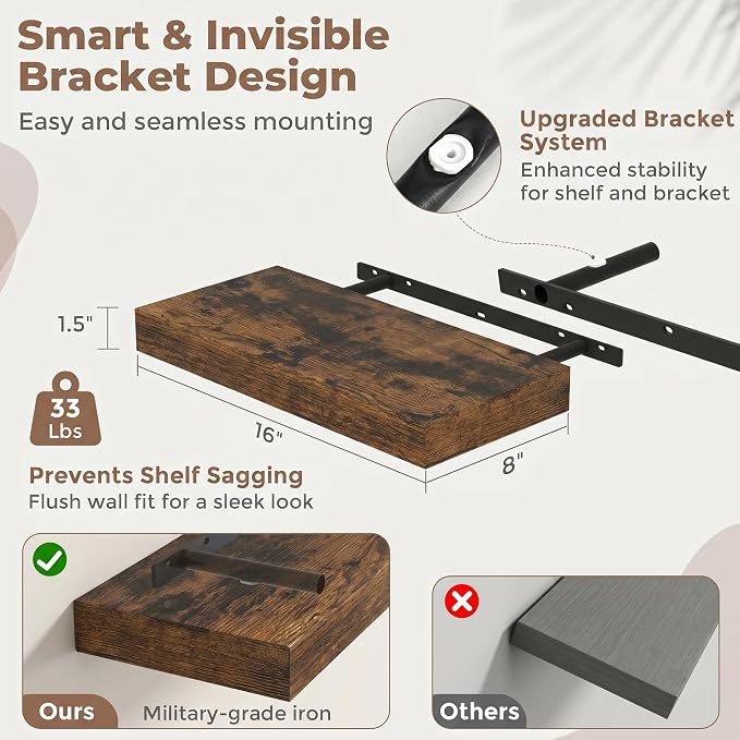 16 Inch Floating Shelves for Wall, 8"D Wood Storage Shelves, Brown Finish | Engineered Wood, Invisible Bracket, Large Storage, Easy Install, Hold Up to 33lbs, Living Room, Bathroom, Bedroom, Kitchen