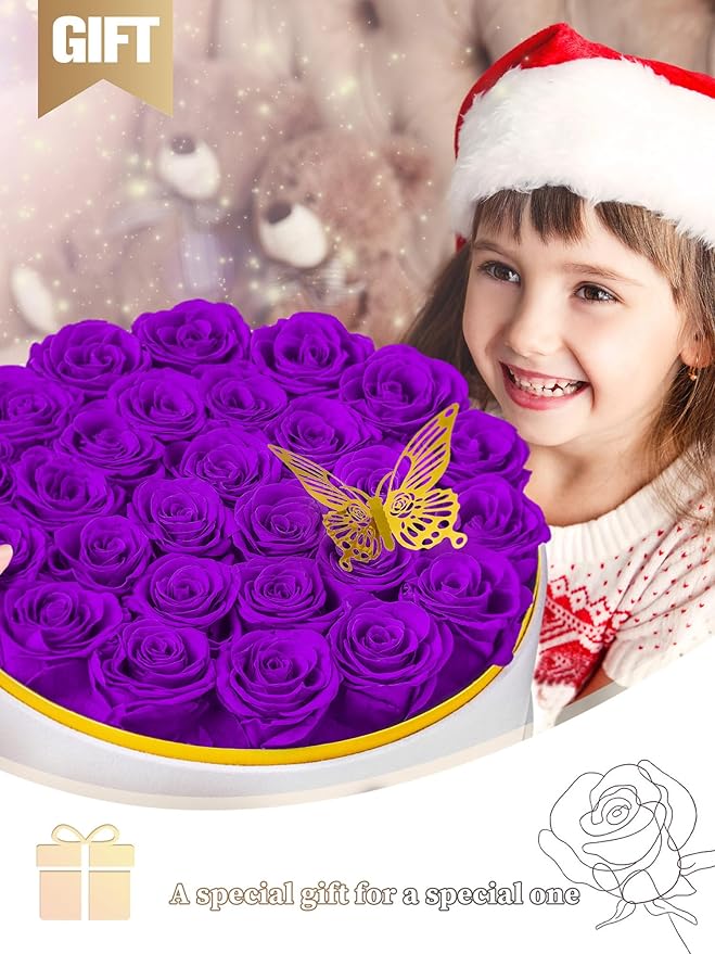 27 Preserved Roses Forever Flowers Real Roses in a Box Mother's Day Birthday Flowers for Her Mom Women Wife Valentine's Day, Purple Roses