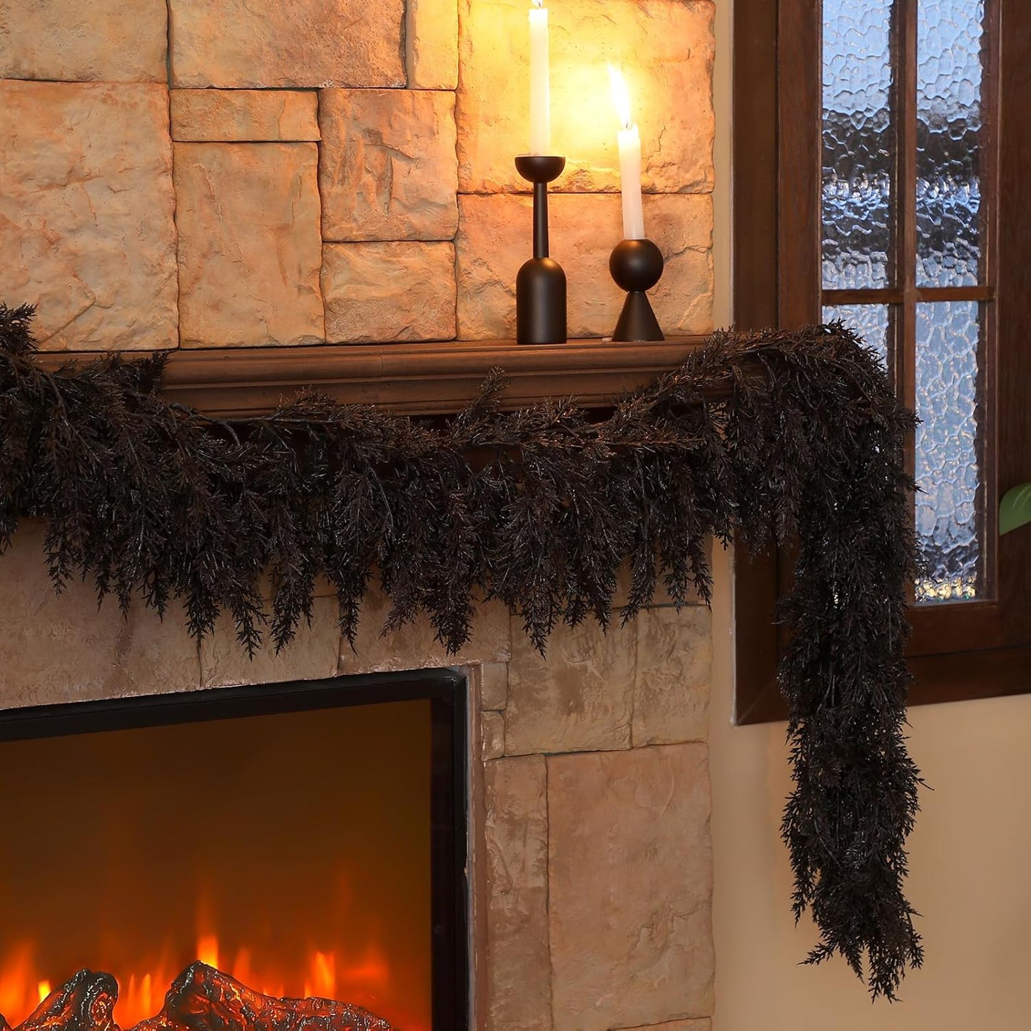 Dingion Black Artificial Cedar Garland - 9 ft Halloween Faux Cedar Pine Hanging Party Decoration Halloween Realistic Garland for Home, Mantle & Fireplace