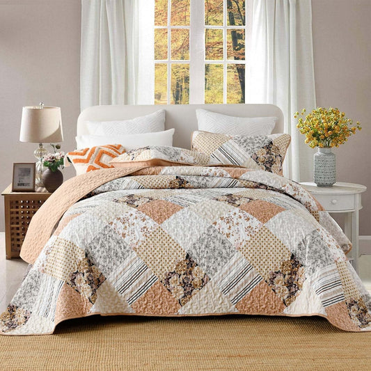 Dobuyly Fall King Size Quilt Set, Beige and Brown Floral Plaid Patchwork Bedspread Reversible Coverlet Set 3 Pieces, Soft Lightweight Microfiber Bedding Set for All Season, 104"x90"