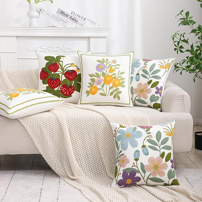 Embroidery Pillow Covers 18x18 Set of 2 Multicolored Flowers Throw Pillow Covers Farmhouse Pillow Cushion Case Spring Summer Decorative Farm Pillowcases Square Rustic Floral Pillow Case