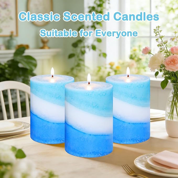 Ocean Scented Pillar Candles, 3x4 Inch, Handmade Striped Paraffin Wax Candles with 100% Cotton Core, 1PC Scented Candle 50+ Hour Burn Time, Set of 3