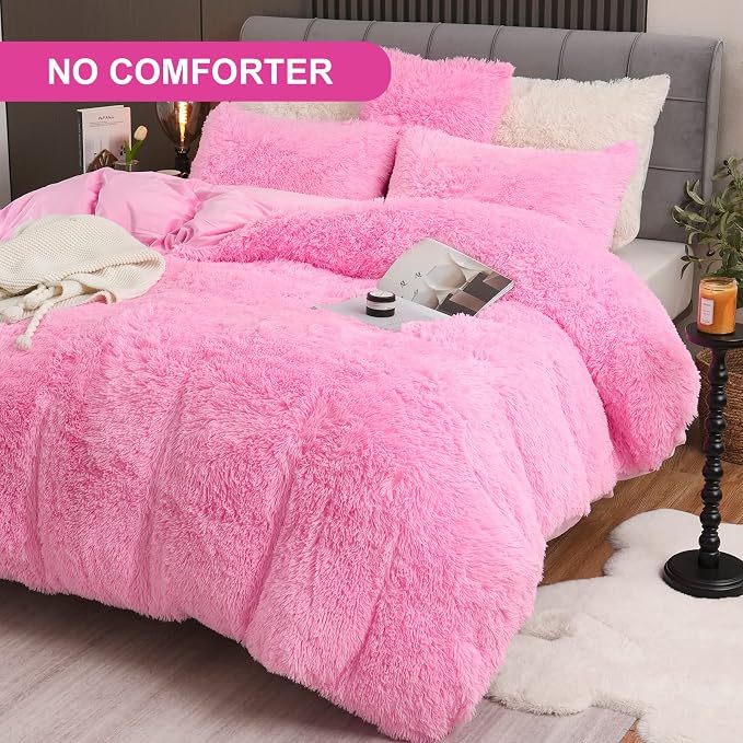 Fluffy Plush Pink Duvet Cover Set Queen Size, Luxury Soft Velvet Fuzzy Comforter Cover Bed Sets 4Pcs(1 Faux Fur Duvet Cover + 2 Pillow Cases + 1 Pillow Cover) Zipper Closure (Queen, Light Pink)