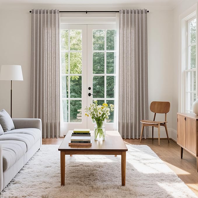 Nanspring Brownish Grey Linen Curtains for Living Room 98 Inches Long Back Tab Light Filtering Semi Sheer Curtain Modern Farmhouse Decor for Bedroom Office Luxury Textured Drapes 52x98, 2 Panels