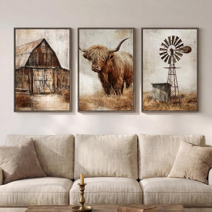 Framed Farmhouse Cow Wall Art for Living Room, Large Vintage Country Highland Cow Canvas Paintings Wall Decor Set of 3, Retro Rustic Country Pictures Prints for Bedroom Dining Room Hallways Office 20x30 In