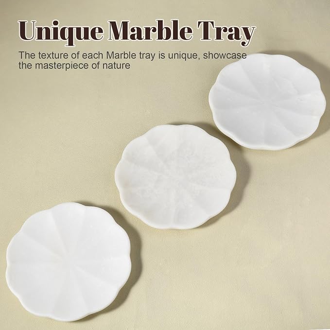 Koville Marble Tray, 8" Round Scalloped Marble Vanity Tray for Jewelry Trinket Perfume, Natural Stone Tray for Bathroom Kitchen Dresser Countertop, Decorative Catchall Tray Home Decor(White)