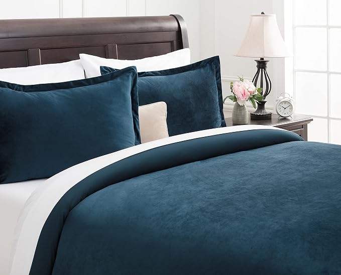Chanasya Premium Velour Velvet Duvet Cover Set - Duvet Cover (90” x 90”) & 2 Pillow Shams (20” x 26”) - 3-Piece Set - Indigo, Queen Size