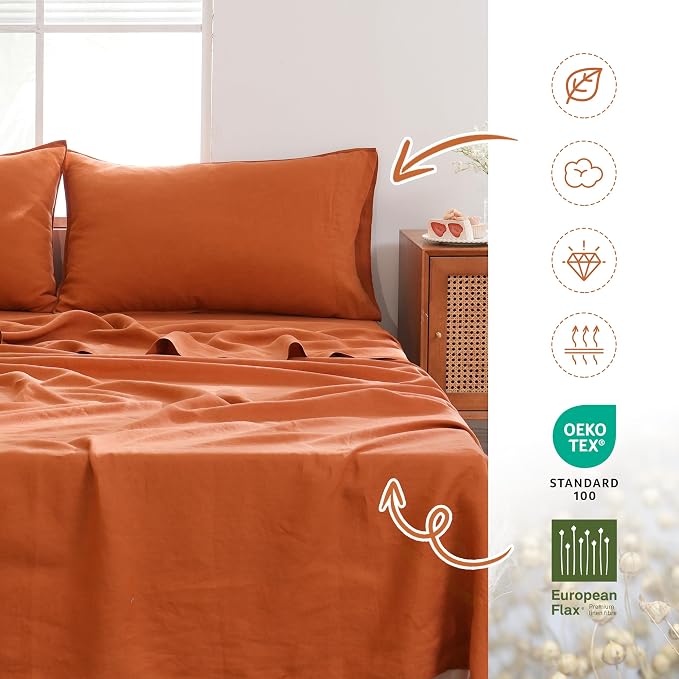 Linen World French Linen Pillowcase Set of 2 - Stone Washed,Moisture-Absorbing,Queen Size (20''x30''),Rust