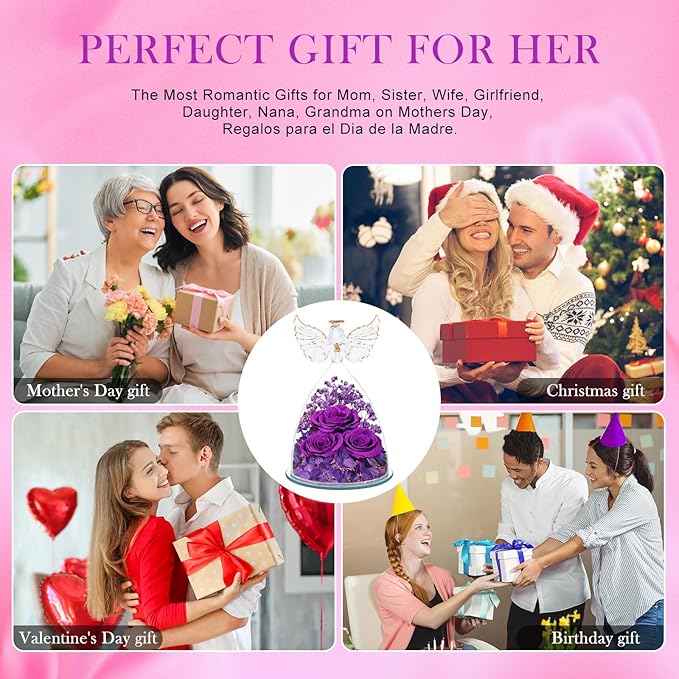Flowers for Delivery Birthday Gifts for Women Gifts for Mom Grandma Mothers Day Fresh Preserved Flowers Forever Real Roses in Glass Angel Figurines Anniversary Present for Wife Her Friends Daughter