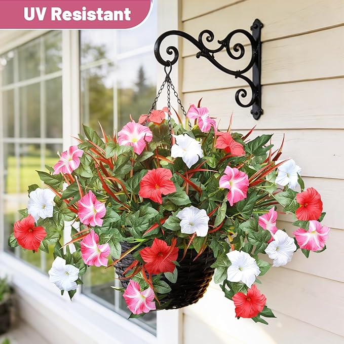 Artificial Flowers Plants for Outdoors, 6PCS UV Resistant Faux FlowersOutdoor Plants, Fake Petunias Silk Flowers for Garden Balcony Yard Porch Decor (White Red Pink)