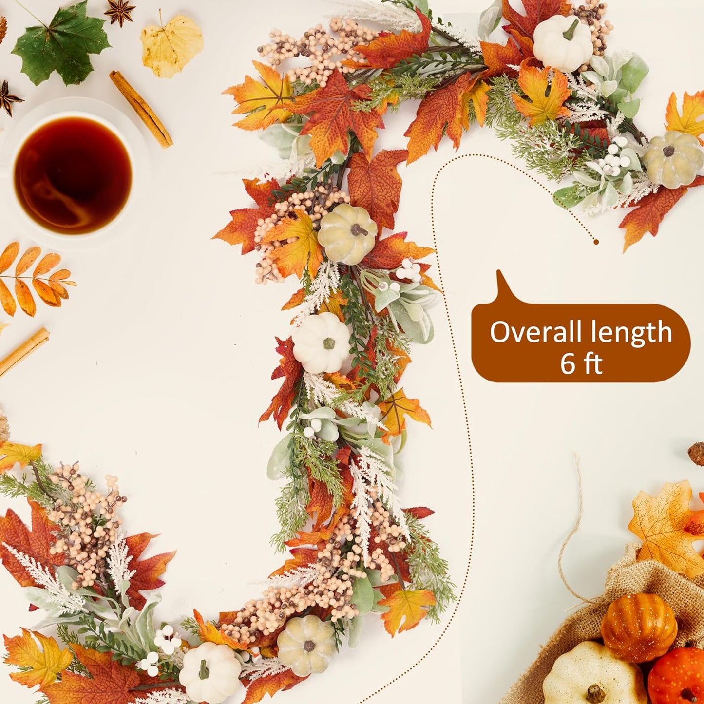 GENMOUS 6ft Thanksgiving Fall Garlands, Pumpkins Maple Leaves Autumn Wreaths for Front Door, Fall Decor, Porch Wall, Home Outdoor Holiday Decorations