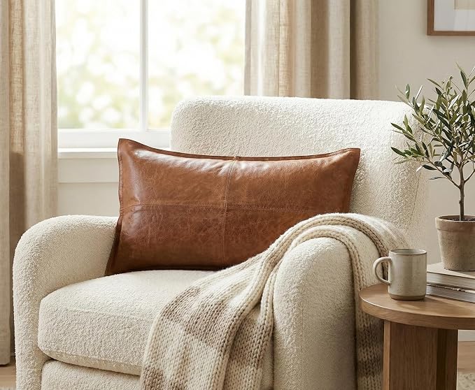 Genuine Leather Pillow Cover Case for Lumbar Throw Couch Pillows - Modern Farmhouse Decorative Sofa Thick & Soft Cushion Covers (Brown, 12" x 20")