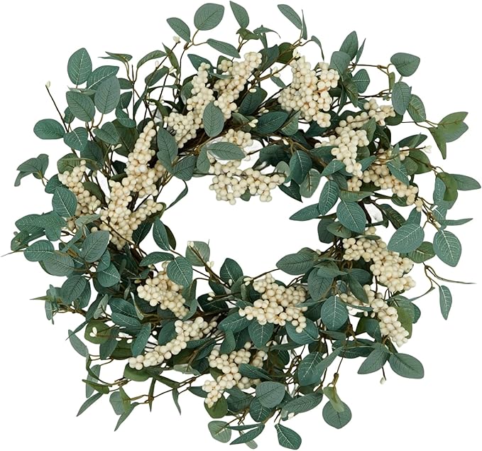 YNYLCHMX 18" Spring Summer Wreaths for Front Door, Artificial Floral Wreath with White Berries and Eucalyptus Leaves, Green Foliage Wreath for Wall Window Farmhouse Party Holiday Home Decor
