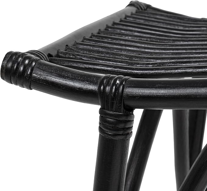 JONATHAN Y Gabriel 18" Handcrafted Rattan and Teak Wood Vanity Stool, Bohemian Backless Accent Ottoman Footstool, Black STL3005C