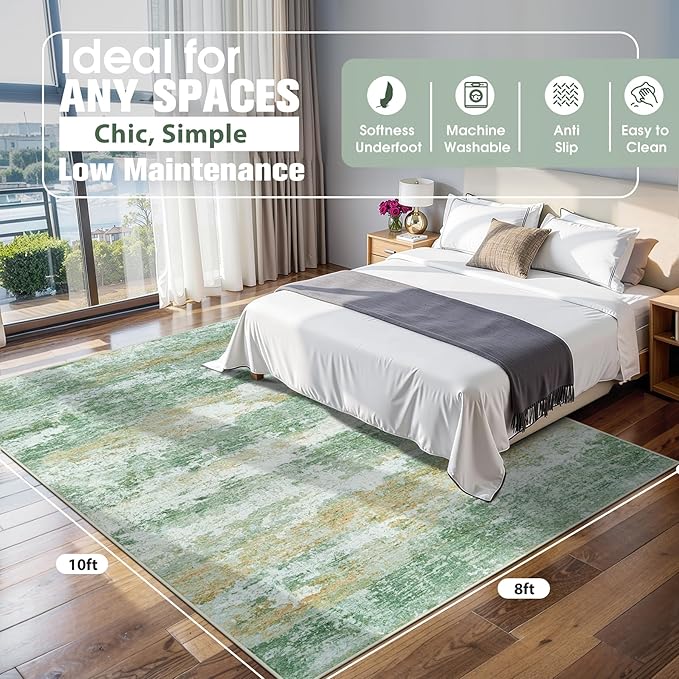 8x10 Area Rugs for Living Room Rug Washable: Abstract Large Rug for Dining Room Bedroom Carpet Non Slip 8 by 10 Indoor Modern Nursery Home Office Green