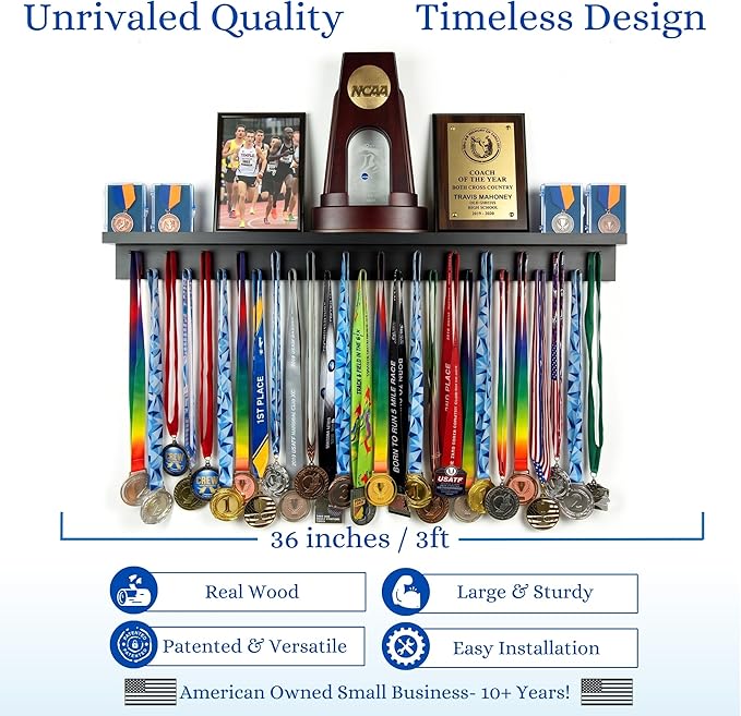 MedalAwardsRack 3ft- Ultimate Medal Hanger Display and Trophy Shelf - Multi-Sport Trophy and Medal Holder for Medal Display, Plaques, Pictures, Trophies and more. Solid Wood - Large 36" - Black