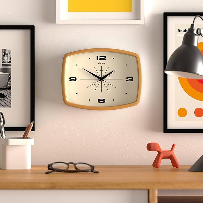 JONES CLOCKS® Movie wall Clock | Retro Rectangular Clock | 10 inch | Mustard Yellow | Cool mid-Century Designer Look for Kitchen, Living Room or Office
