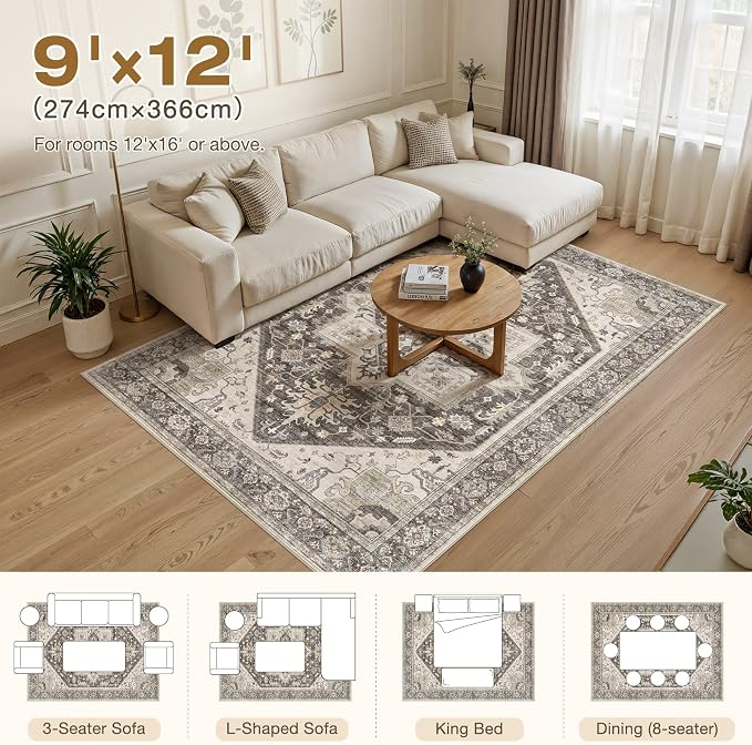 9x12 Area Rugs for Living Room - Large Carpet Ultra Thin Soft Washable Oriental Vintage Floral Distressed Big Indoor Carpets for Bedroom Nursery Dorm Home Decor Aesthetic - Dark Brown