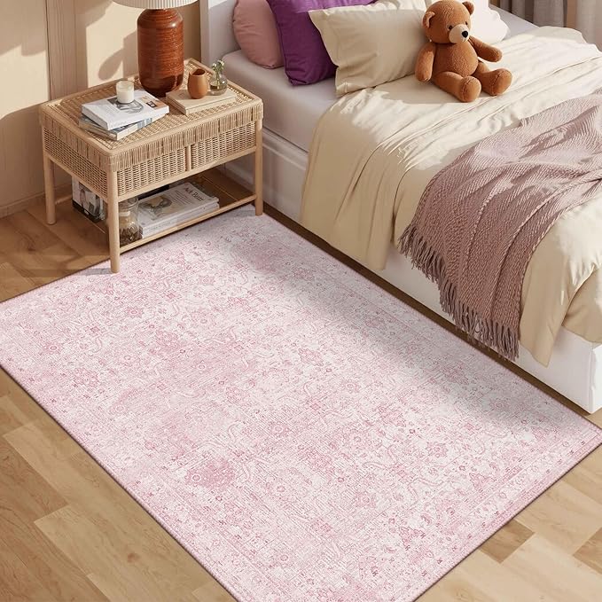 Rugxara 3x5 Rug for Entryway Bedroom, Pink 3x5 Washable Area Rug, Vintage Retro Boho Throw Rug, Non Slip & Low Pile Small Carpet for Indoor Entry, Kitchen, Bedside, Living Room, Bathroom and Dining